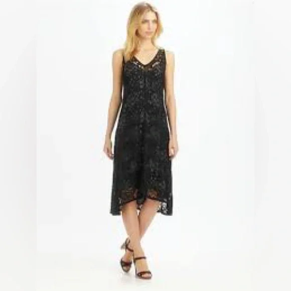 Eileen Fisher V-Neck Crinkle Lace Dress w/ Slip Large - Picture 2 of 6